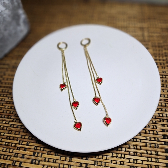 Gold Filled Red Crystal Heart Dangle Earrings - Picture 1 of 9